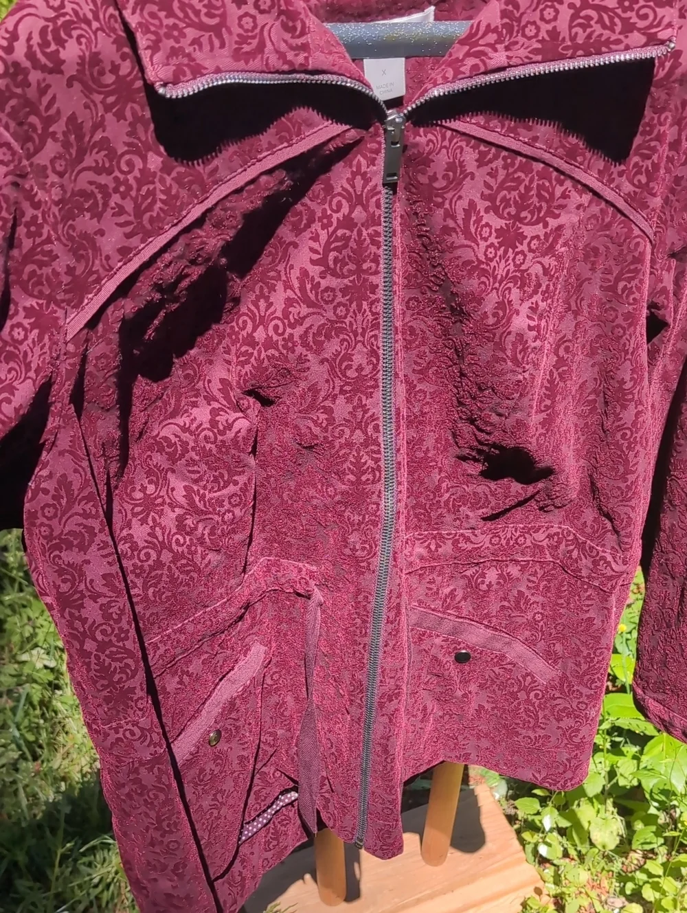 Deep Red Velvet Embossed CJ Banks Maroon Damask Zip-Up Jacket